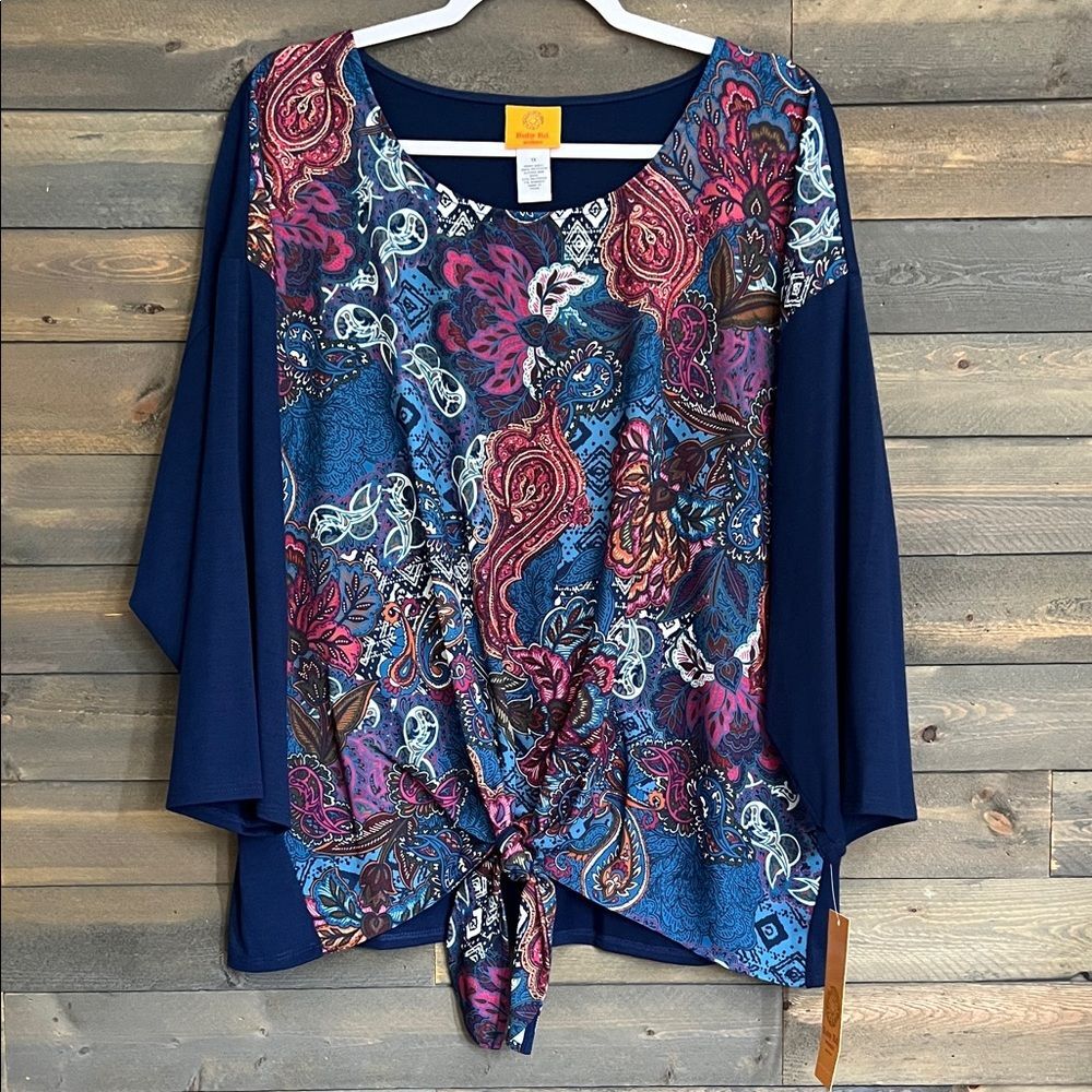 New Ruby Rd Abstract Paisley Tie Front Mixed Knit Top Size 1X